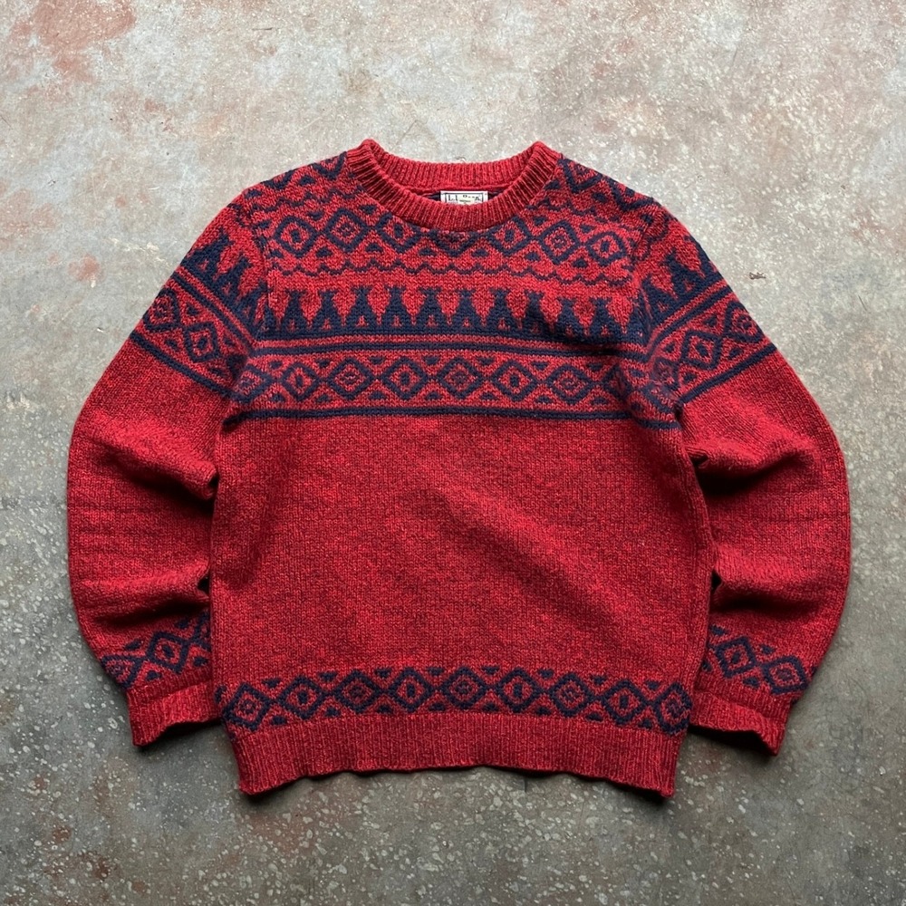 Vintage LL Bean Mens Red Fair Isle Wool Sweater Made in USA Size M Medium